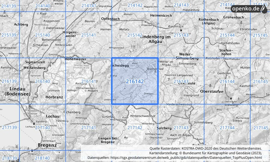 Übersichtskarte des KOSTRA-DWD-2020-Rasterfeldes Nr. 216142