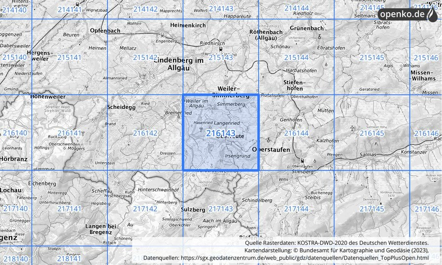 Übersichtskarte des KOSTRA-DWD-2020-Rasterfeldes Nr. 216143