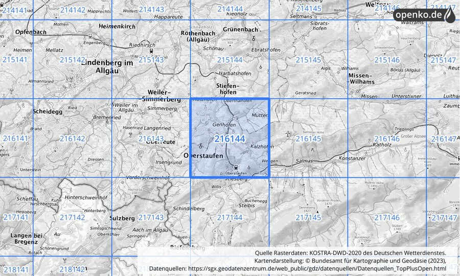 Übersichtskarte des KOSTRA-DWD-2020-Rasterfeldes Nr. 216144