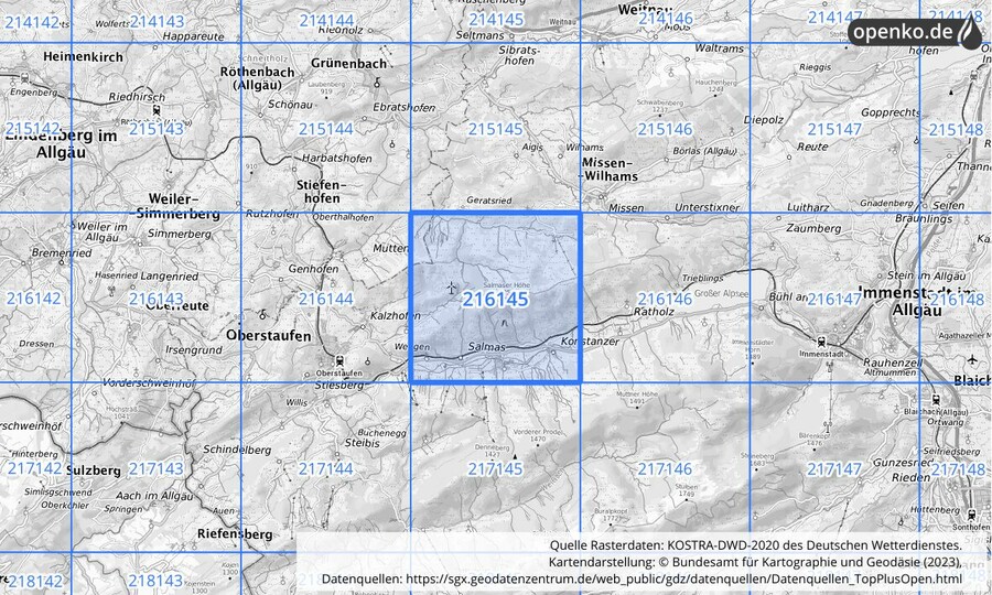 Übersichtskarte des KOSTRA-DWD-2020-Rasterfeldes Nr. 216145