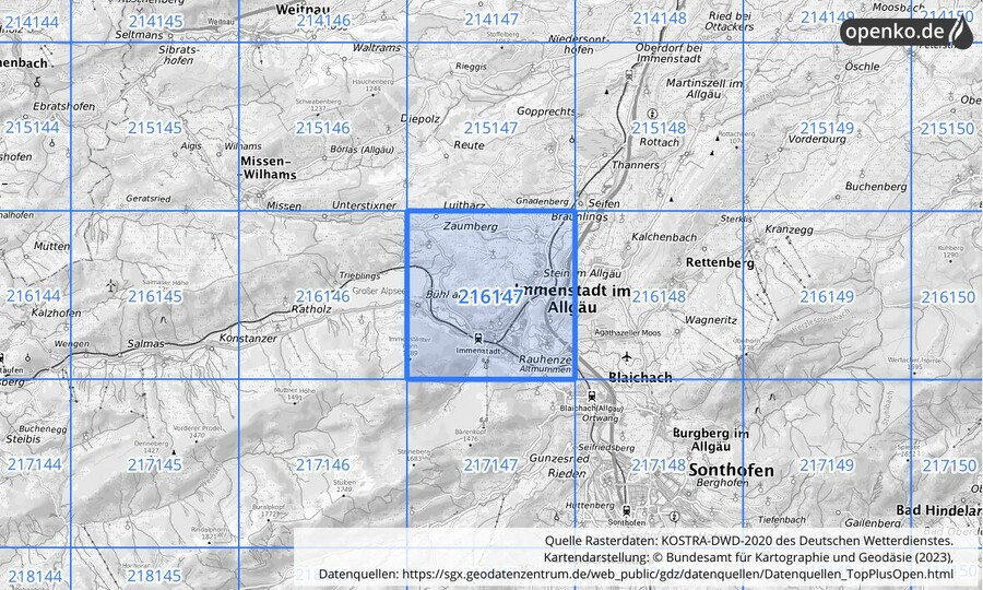 Übersichtskarte des KOSTRA-DWD-2020-Rasterfeldes Nr. 216147