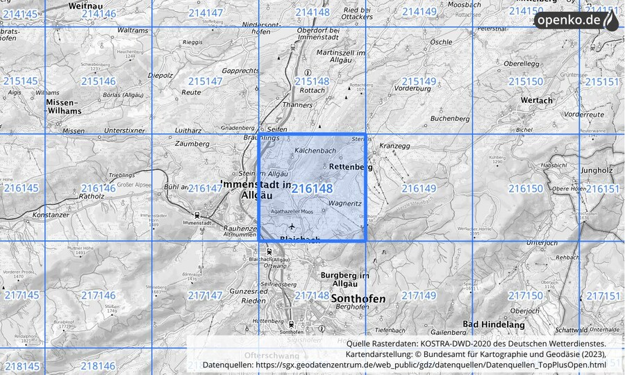 Übersichtskarte des KOSTRA-DWD-2020-Rasterfeldes Nr. 216148