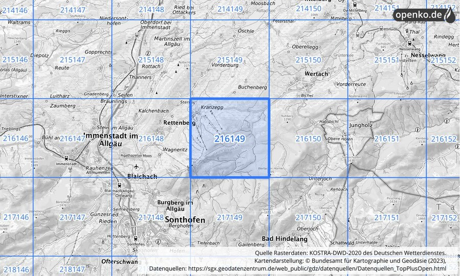 Übersichtskarte des KOSTRA-DWD-2020-Rasterfeldes Nr. 216149