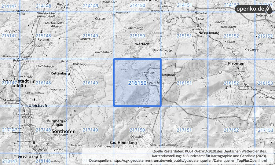 Übersichtskarte des KOSTRA-DWD-2020-Rasterfeldes Nr. 216150