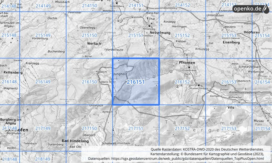Übersichtskarte des KOSTRA-DWD-2020-Rasterfeldes Nr. 216151