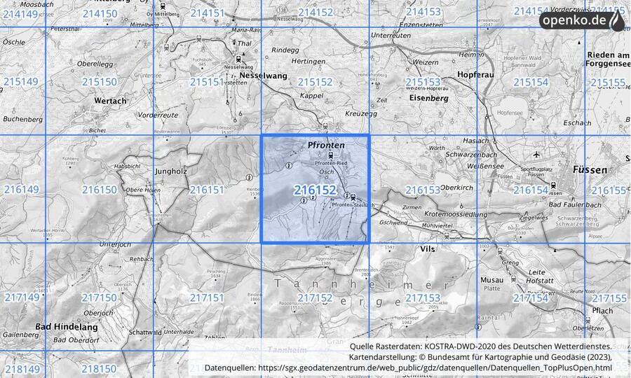 Übersichtskarte des KOSTRA-DWD-2020-Rasterfeldes Nr. 216152