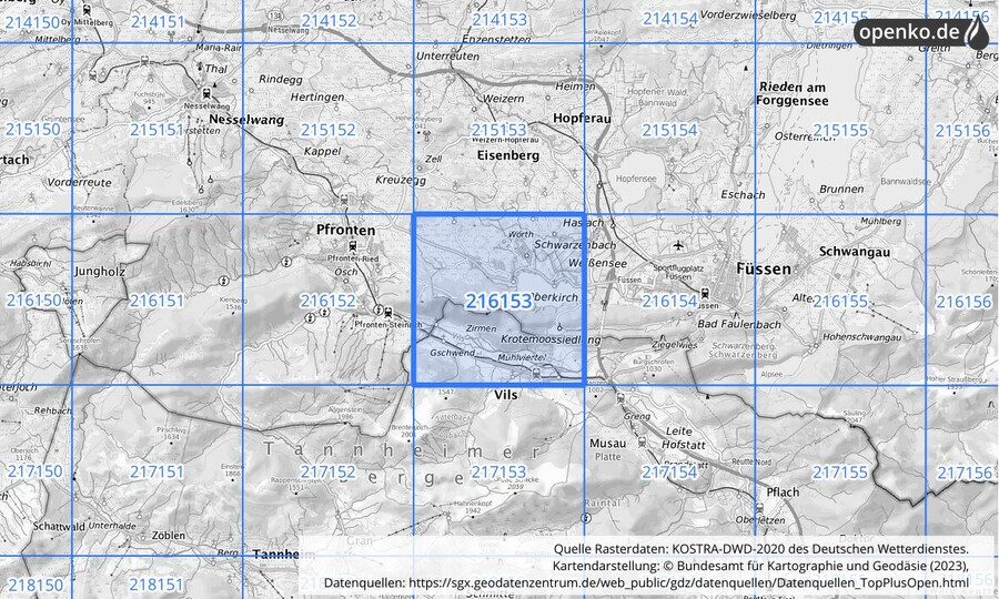 Übersichtskarte des KOSTRA-DWD-2020-Rasterfeldes Nr. 216153