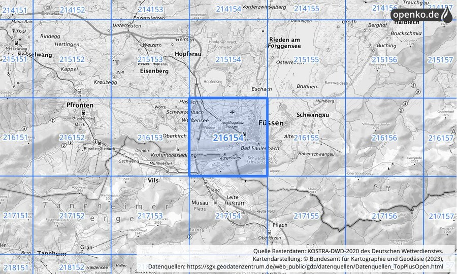 Übersichtskarte des KOSTRA-DWD-2020-Rasterfeldes Nr. 216154