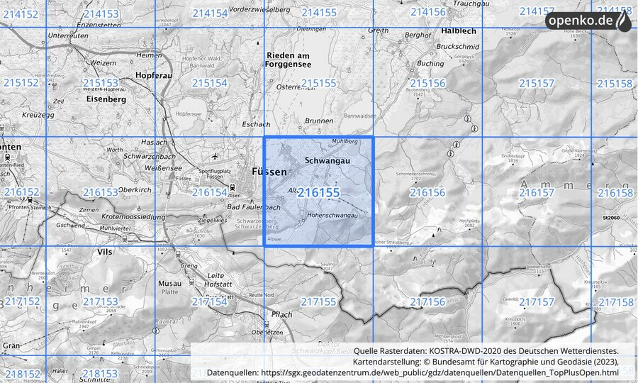 Übersichtskarte des KOSTRA-DWD-2020-Rasterfeldes Nr. 216155