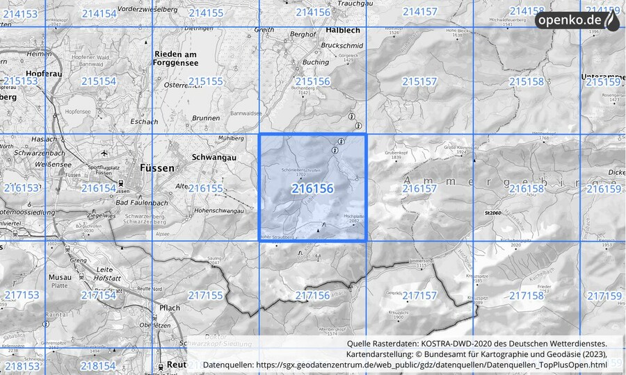 Übersichtskarte des KOSTRA-DWD-2020-Rasterfeldes Nr. 216156