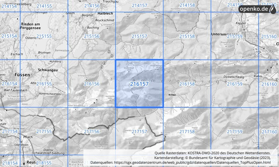 Übersichtskarte des KOSTRA-DWD-2020-Rasterfeldes Nr. 216157