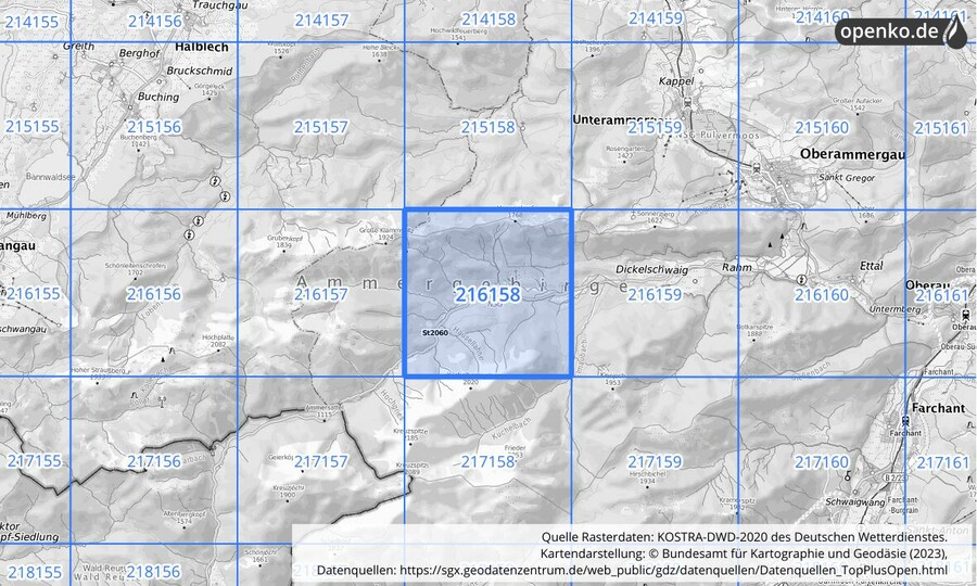 Übersichtskarte des KOSTRA-DWD-2020-Rasterfeldes Nr. 216158