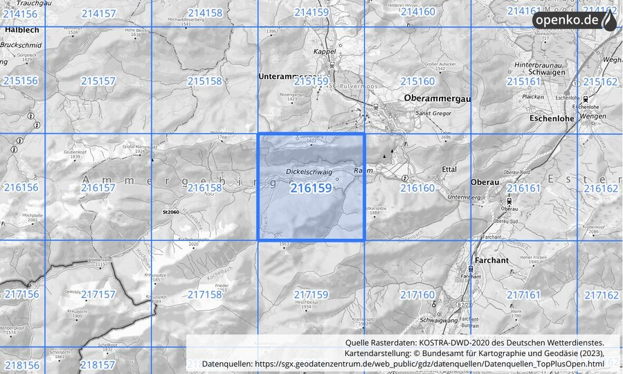 Übersichtskarte des KOSTRA-DWD-2020-Rasterfeldes Nr. 216159