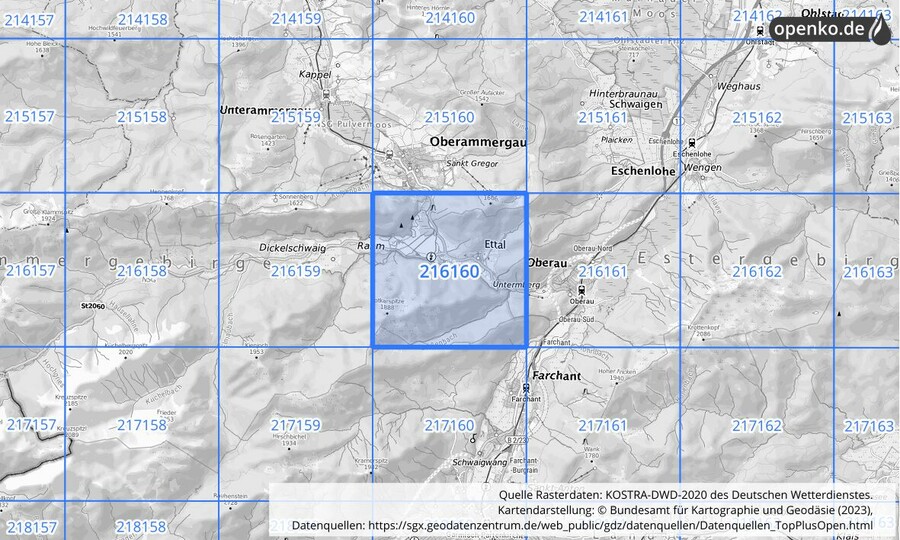 Übersichtskarte des KOSTRA-DWD-2020-Rasterfeldes Nr. 216160