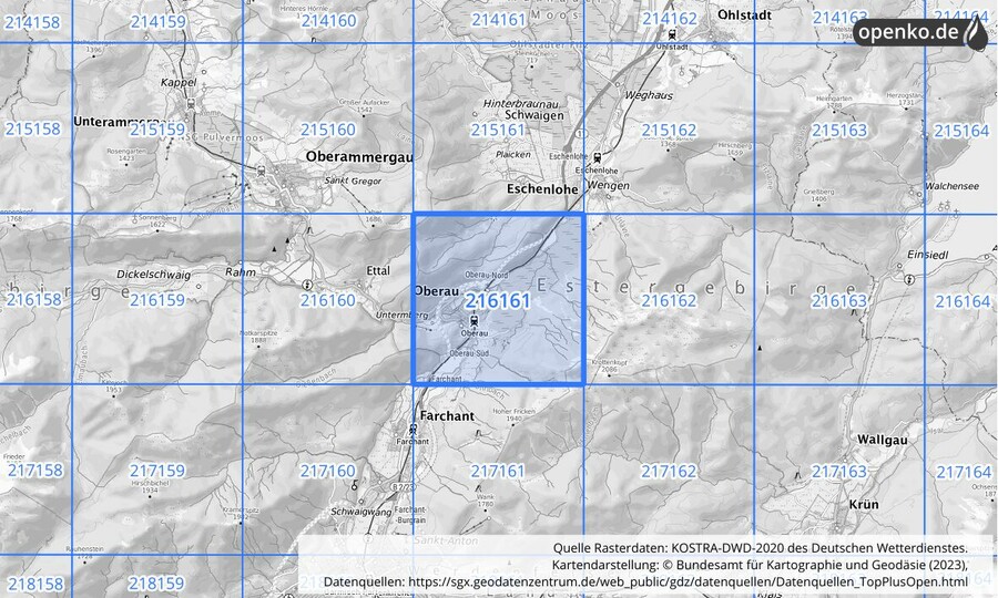 Übersichtskarte des KOSTRA-DWD-2020-Rasterfeldes Nr. 216161