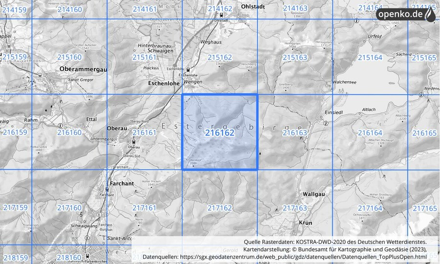 Übersichtskarte des KOSTRA-DWD-2020-Rasterfeldes Nr. 216162