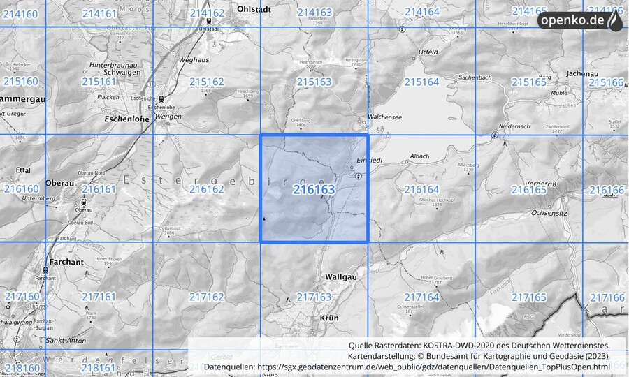 Übersichtskarte des KOSTRA-DWD-2020-Rasterfeldes Nr. 216163