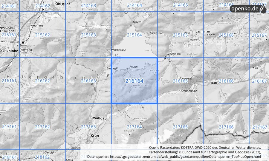 Übersichtskarte des KOSTRA-DWD-2020-Rasterfeldes Nr. 216164