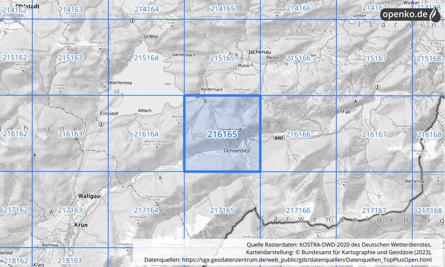 Übersichtskarte des KOSTRA-DWD-2020-Rasterfeldes Nr. 216165