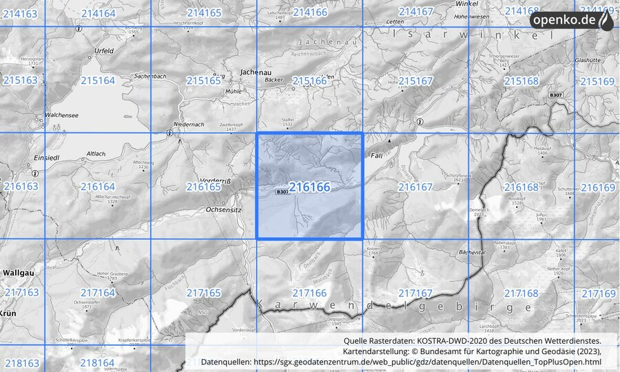 Übersichtskarte des KOSTRA-DWD-2020-Rasterfeldes Nr. 216166