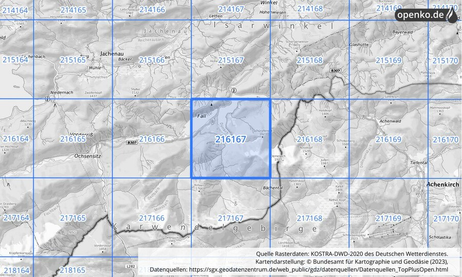 Übersichtskarte des KOSTRA-DWD-2020-Rasterfeldes Nr. 216167