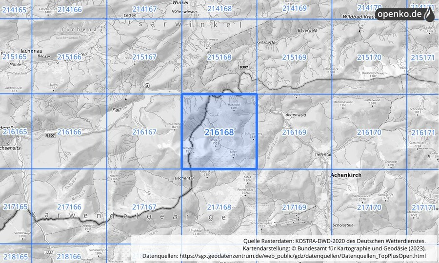 Übersichtskarte des KOSTRA-DWD-2020-Rasterfeldes Nr. 216168