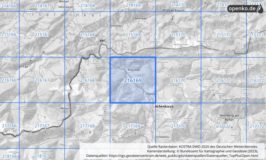 Übersichtskarte des KOSTRA-DWD-2020-Rasterfeldes Nr. 216169