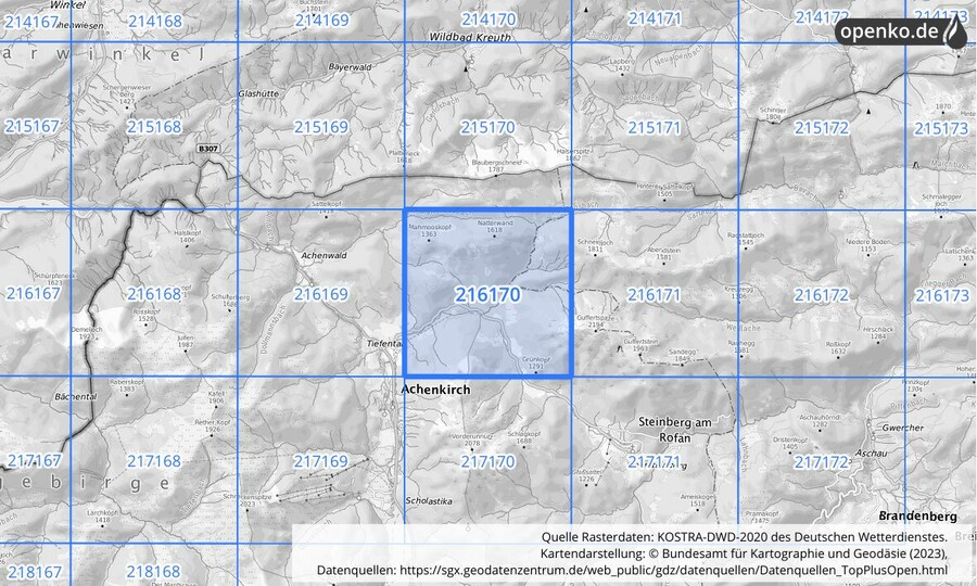 Übersichtskarte des KOSTRA-DWD-2020-Rasterfeldes Nr. 216170