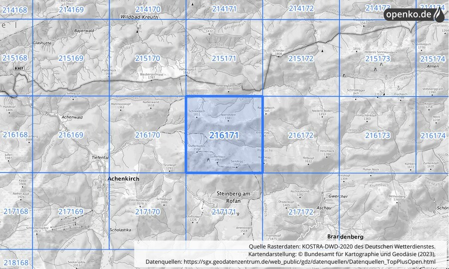 Übersichtskarte des KOSTRA-DWD-2020-Rasterfeldes Nr. 216171