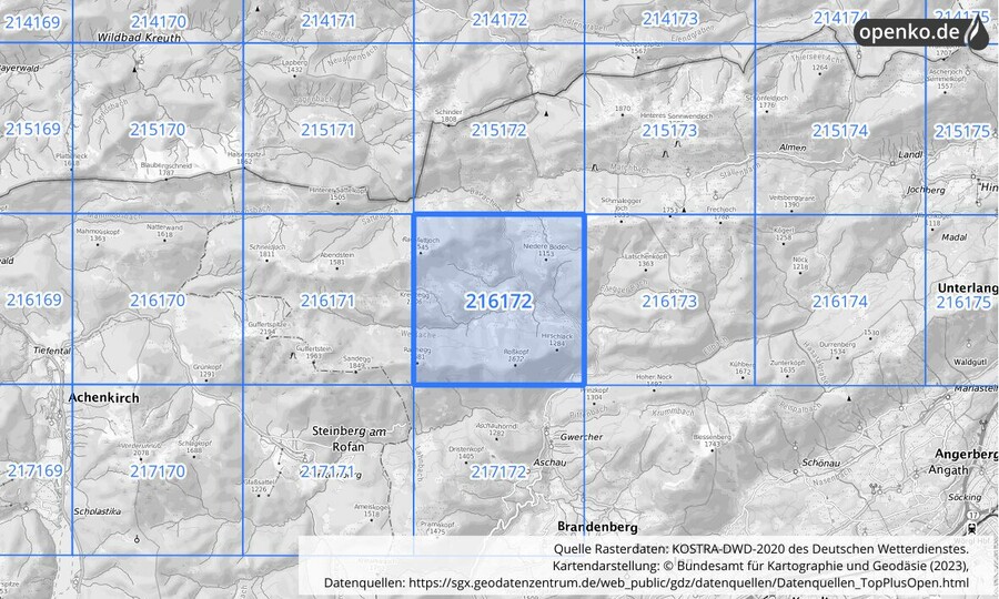 Übersichtskarte des KOSTRA-DWD-2020-Rasterfeldes Nr. 216172