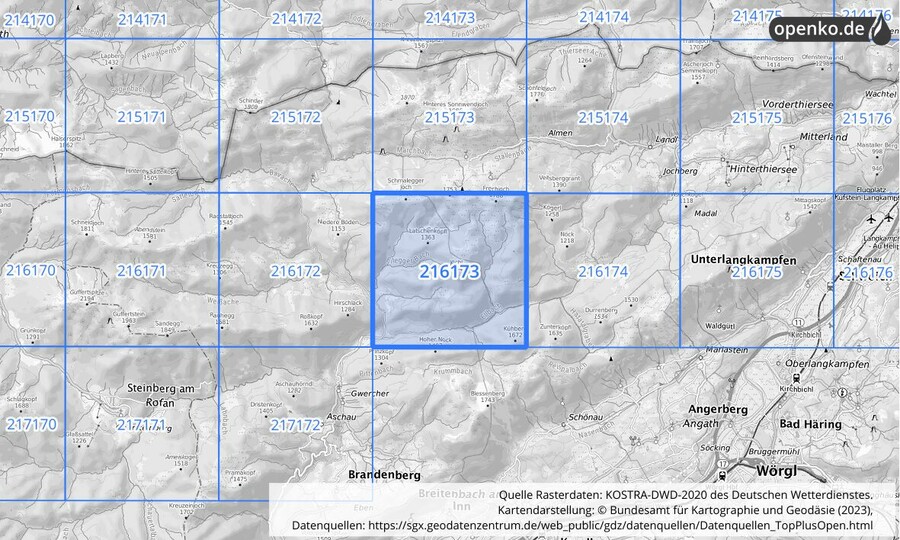 Übersichtskarte des KOSTRA-DWD-2020-Rasterfeldes Nr. 216173