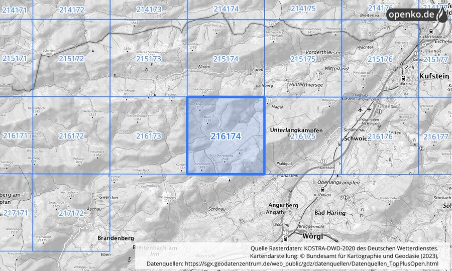 Übersichtskarte des KOSTRA-DWD-2020-Rasterfeldes Nr. 216174