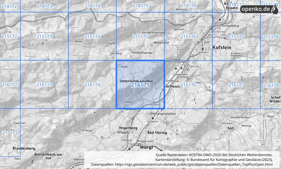 Übersichtskarte des KOSTRA-DWD-2020-Rasterfeldes Nr. 216175