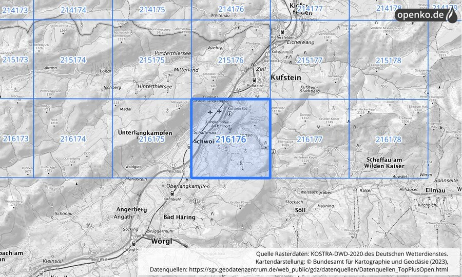 Übersichtskarte des KOSTRA-DWD-2020-Rasterfeldes Nr. 216176