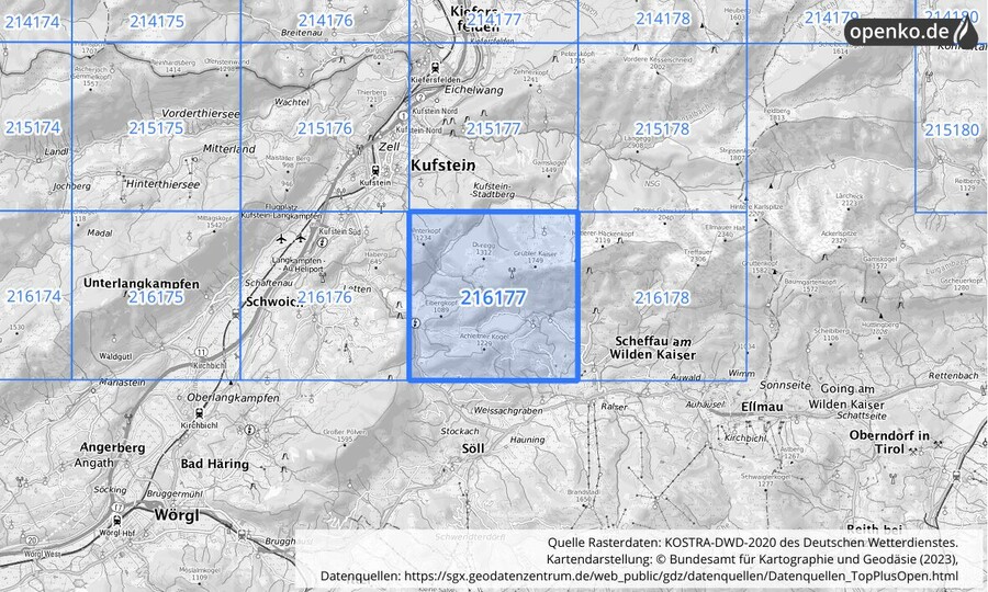 Übersichtskarte des KOSTRA-DWD-2020-Rasterfeldes Nr. 216177