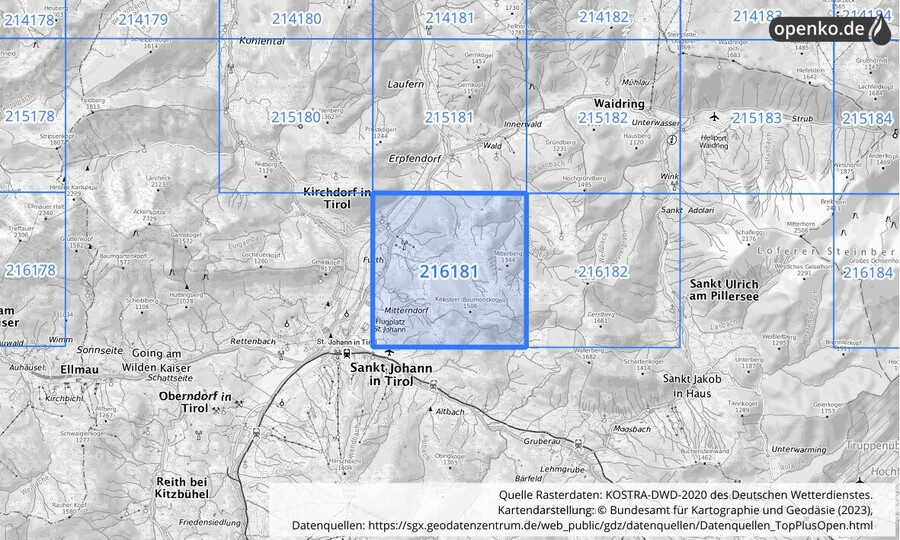 Übersichtskarte des KOSTRA-DWD-2020-Rasterfeldes Nr. 216181