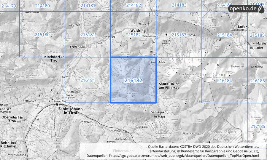 Übersichtskarte des KOSTRA-DWD-2020-Rasterfeldes Nr. 216182