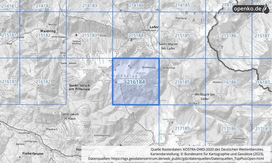 Übersichtskarte des KOSTRA-DWD-2020-Rasterfeldes Nr. 216184