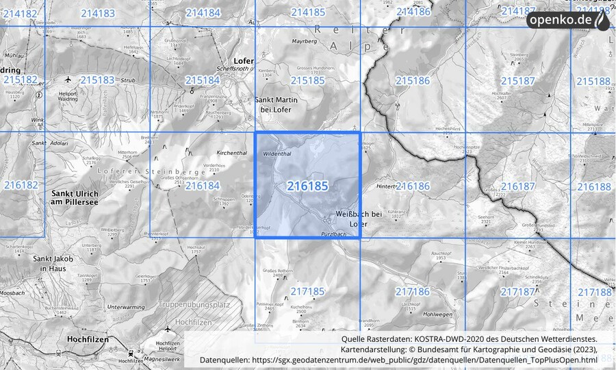 Übersichtskarte des KOSTRA-DWD-2020-Rasterfeldes Nr. 216185