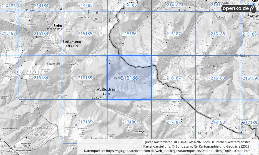 Übersichtskarte des KOSTRA-DWD-2020-Rasterfeldes Nr. 216186