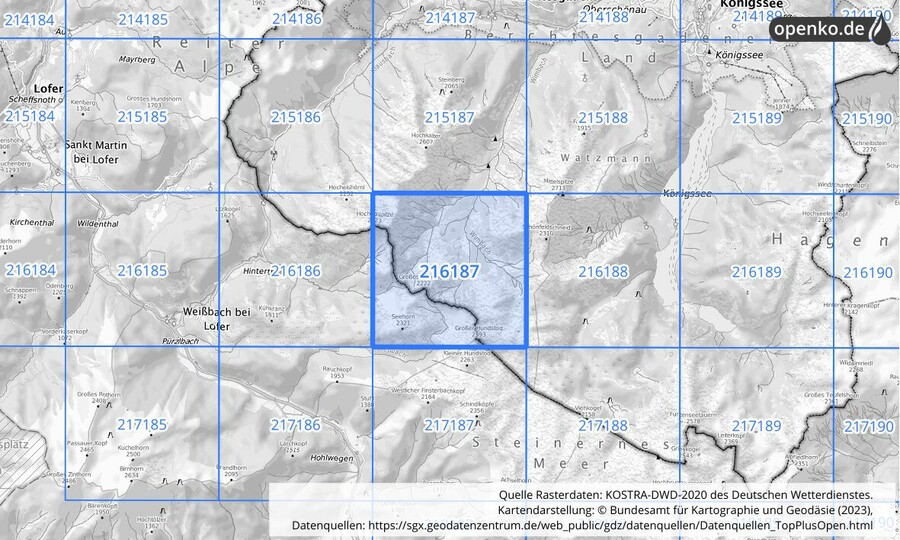 Übersichtskarte des KOSTRA-DWD-2020-Rasterfeldes Nr. 216187