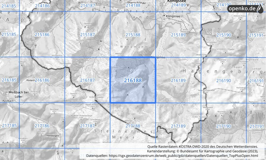 Übersichtskarte des KOSTRA-DWD-2020-Rasterfeldes Nr. 216188