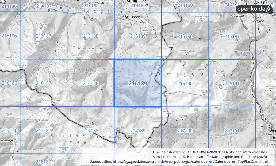 Übersichtskarte des KOSTRA-DWD-2020-Rasterfeldes Nr. 216189