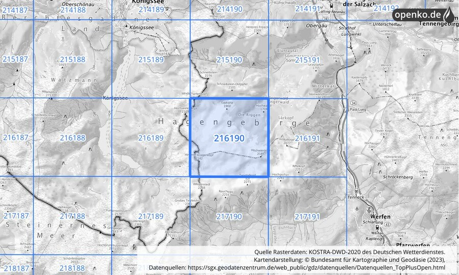 Übersichtskarte des KOSTRA-DWD-2020-Rasterfeldes Nr. 216190