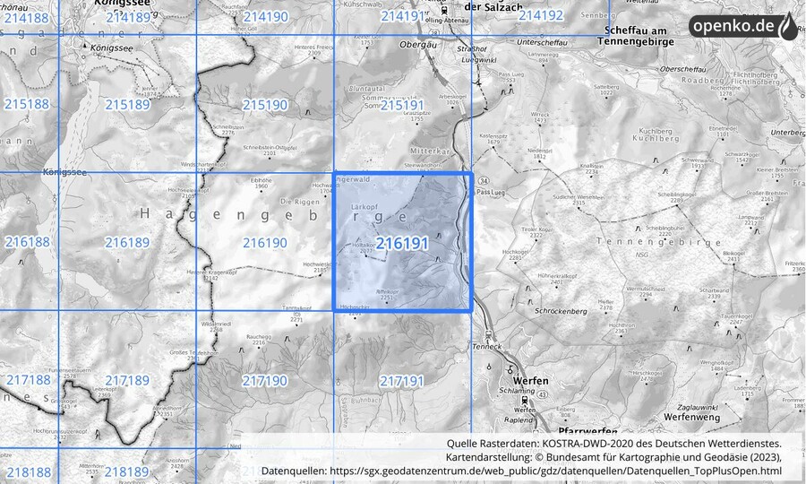 Übersichtskarte des KOSTRA-DWD-2020-Rasterfeldes Nr. 216191