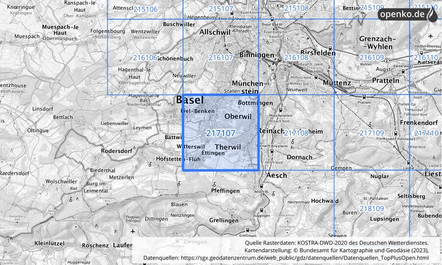 Übersichtskarte des KOSTRA-DWD-2020-Rasterfeldes Nr. 217107