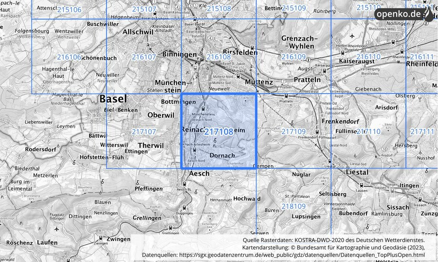 Übersichtskarte des KOSTRA-DWD-2020-Rasterfeldes Nr. 217108