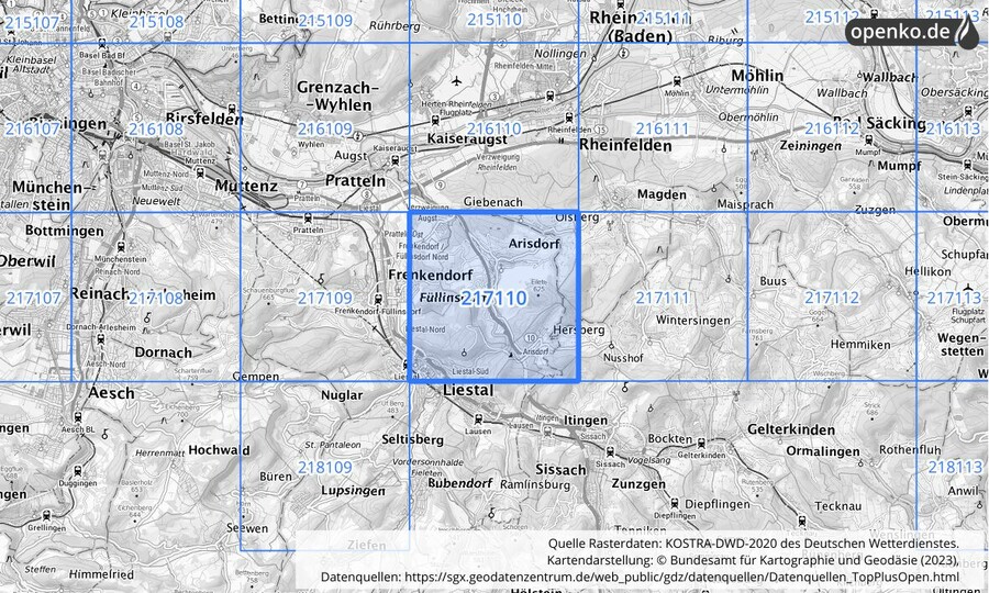 Übersichtskarte des KOSTRA-DWD-2020-Rasterfeldes Nr. 217110