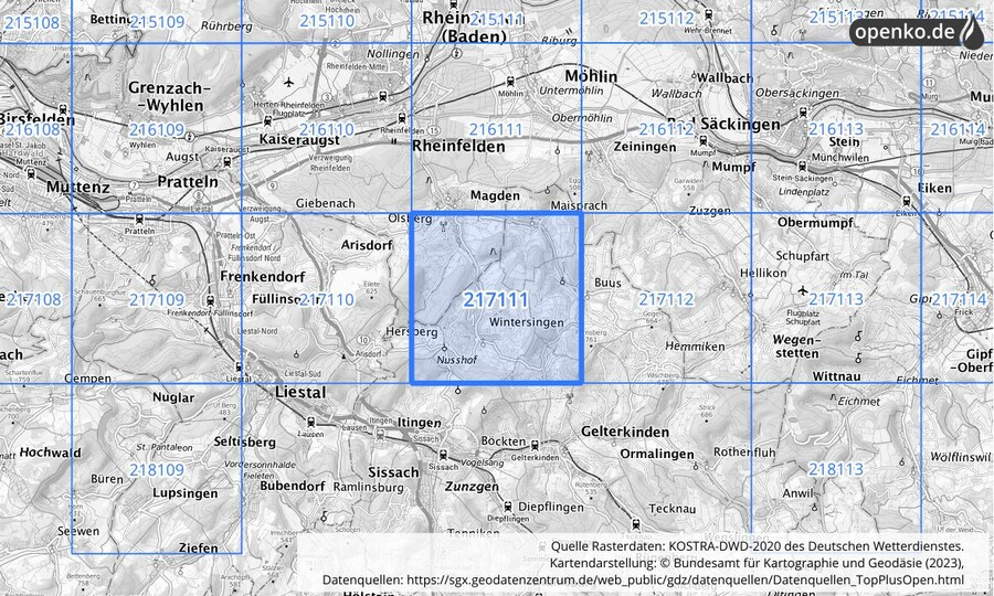 Übersichtskarte des KOSTRA-DWD-2020-Rasterfeldes Nr. 217111