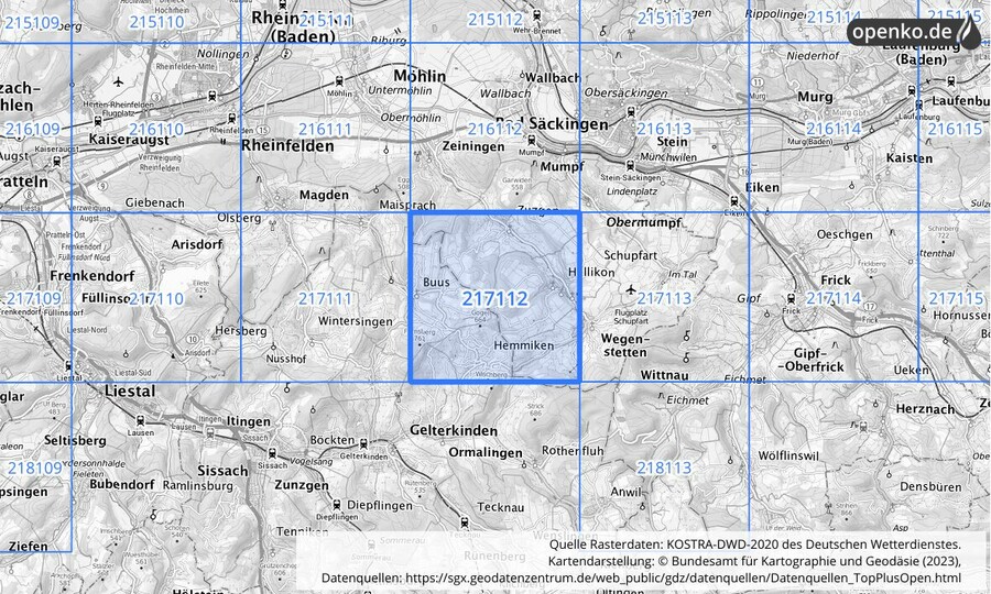 Übersichtskarte des KOSTRA-DWD-2020-Rasterfeldes Nr. 217112